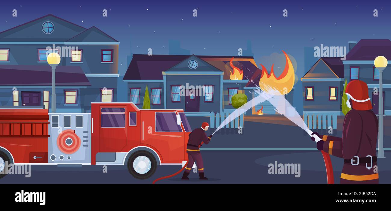 Pompiers ville plat composition avec paysage de ville avec foyer en feu et camion avec illustration de vecteur de flux d'eau Illustration de Vecteur