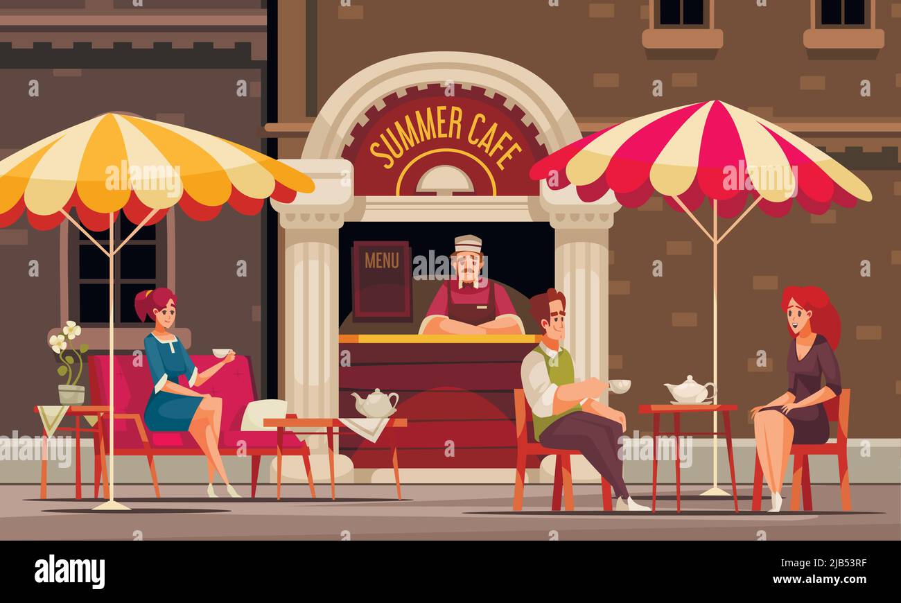 Café d'été, café, comptoir de service de restauration de rue avec menu, clients buvant du thé extérieur illustration vectorielle Illustration de Vecteur