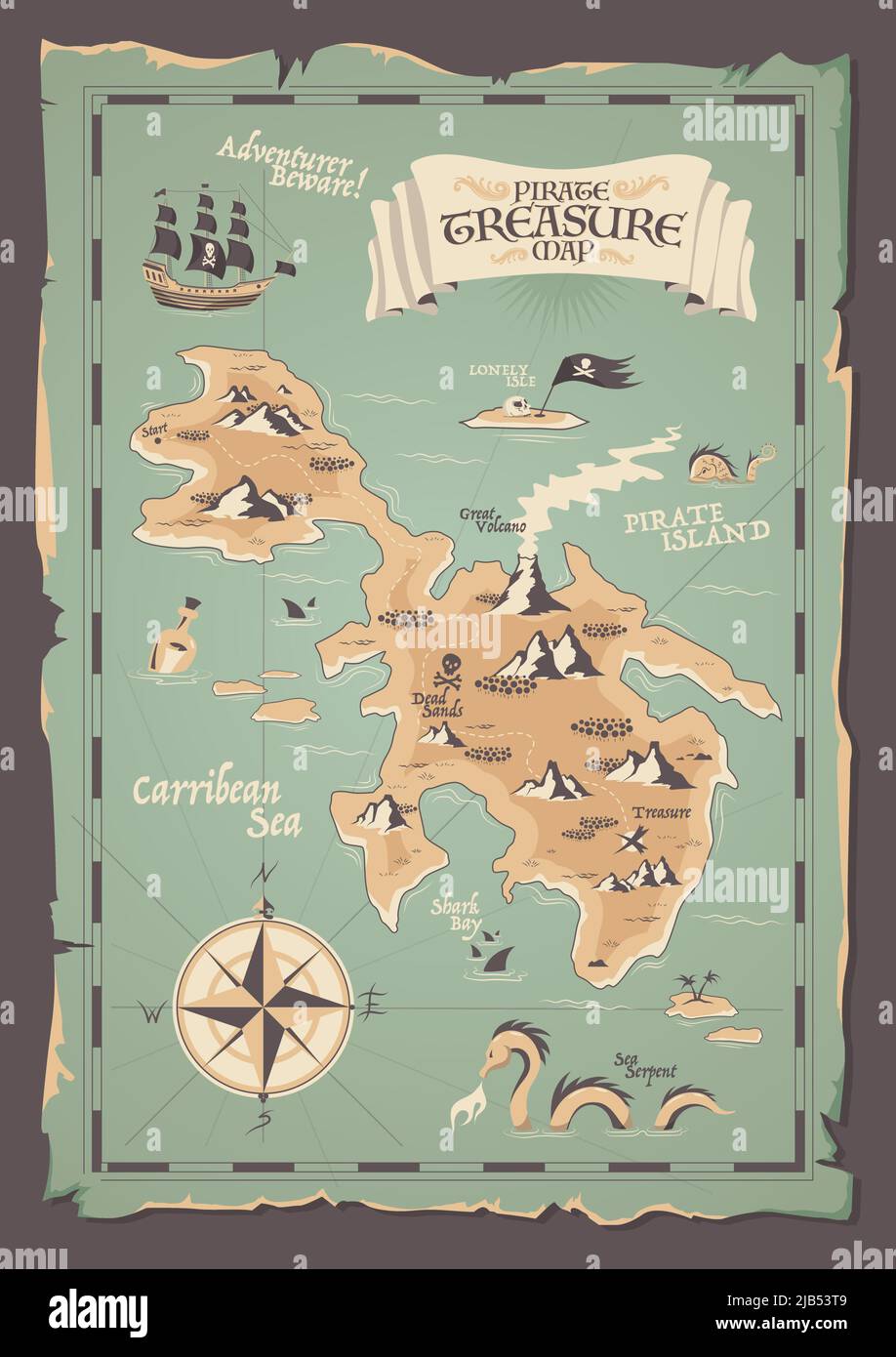 Carte des pirates en papier avec bords irréguliers en forme de grunge pour l'illustration du vecteur de chasse aux trésors Illustration de Vecteur