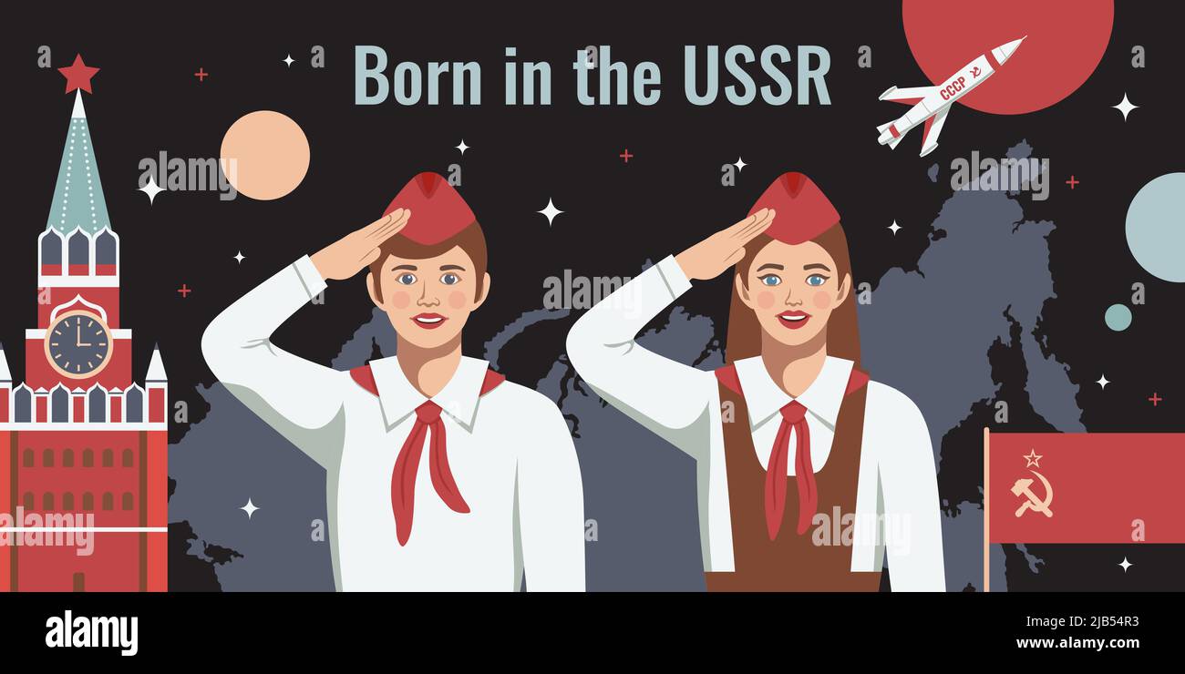 URSS composition horizontale du texte et drapeau soviétique avec tour du kremlin fusée volant et jeunes pionniers avec texte "Born in URSS" illustration vectorielle Illustration de Vecteur