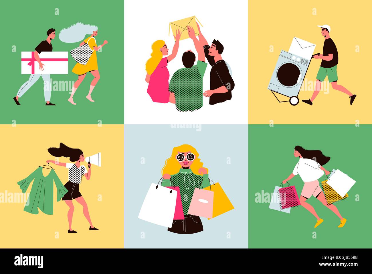 Flat Big sale design concept avec des clients heureux et leurs achats sur fond coloré isolé illustration vectorielle Illustration de Vecteur