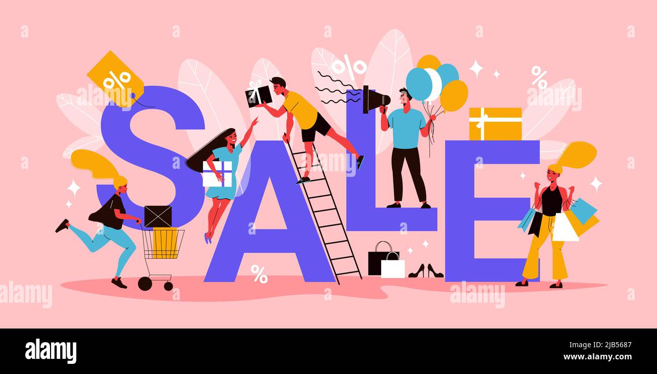Concept de vente finale plate avec texte des personnages humains avec achats et étiquettes de remise illustration vectorielle Illustration de Vecteur