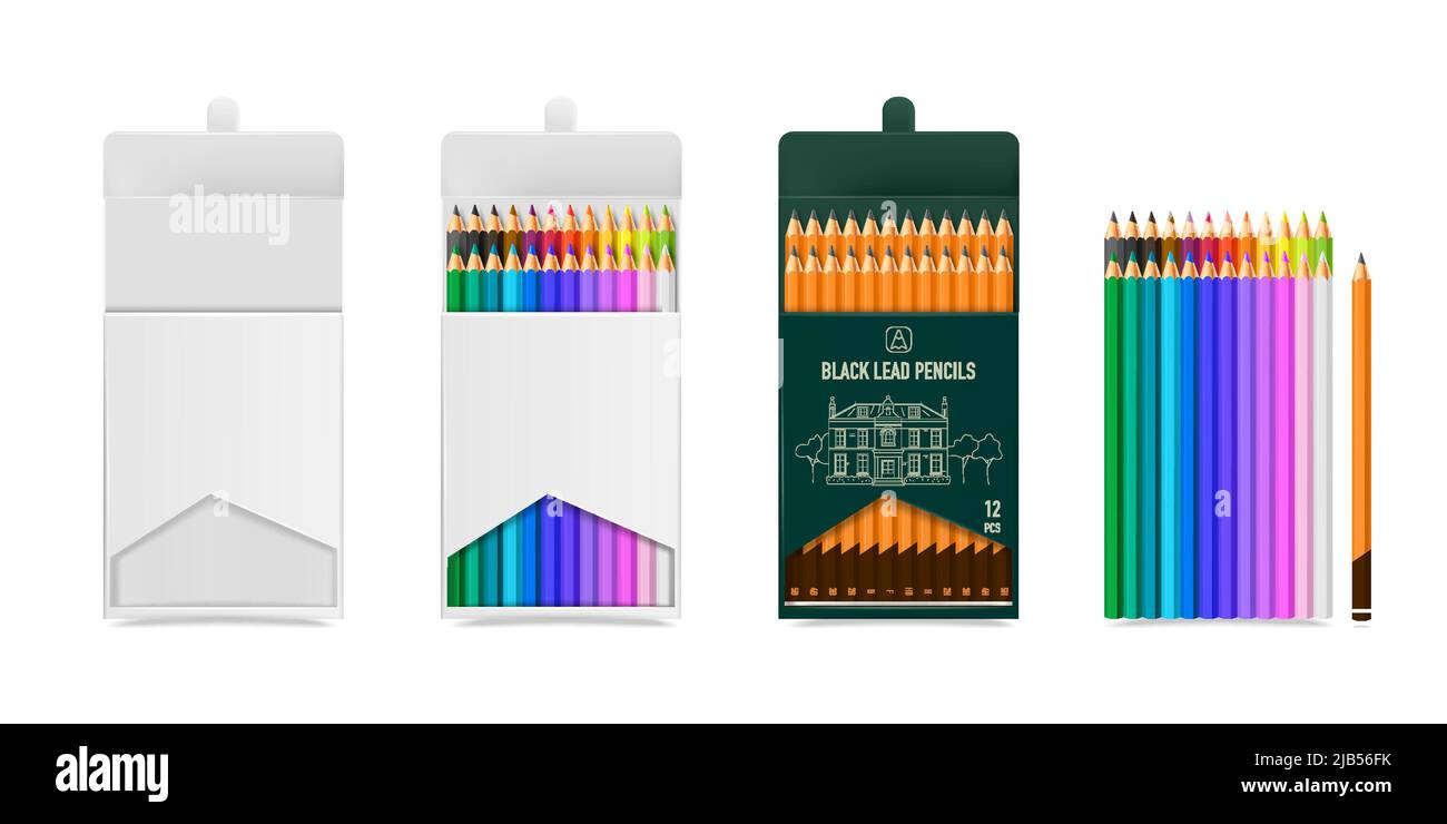 Divers modèles d'emballage réalistes pour le plomb noir et les crayons multicolores isolés sur fond blanc illustration vectorielle Illustration de Vecteur