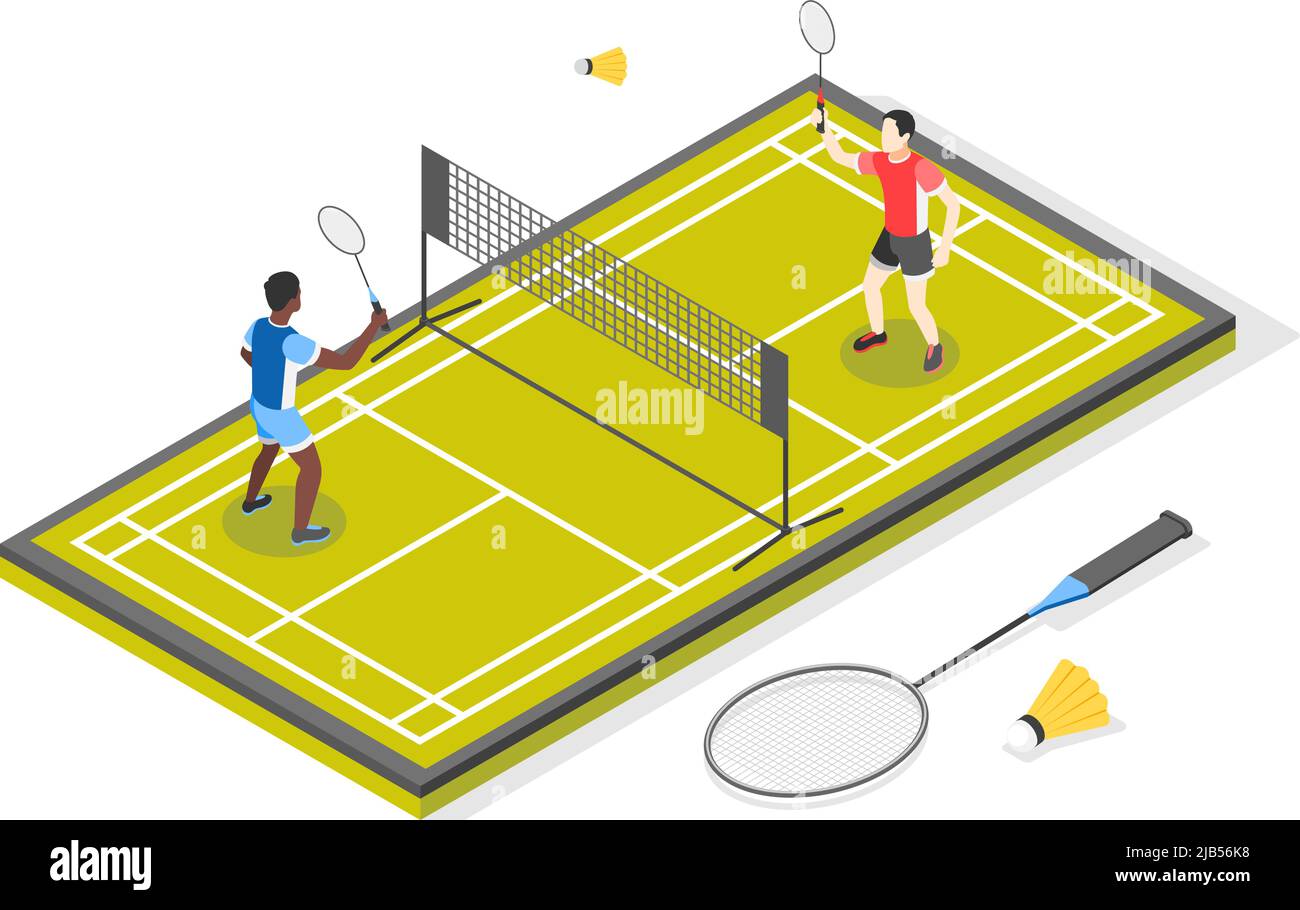 Journée internationale des sports composition isométrique avec vue sur le terrain de tennis avec filet et illustration vectorielle de deux joueurs Illustration de Vecteur