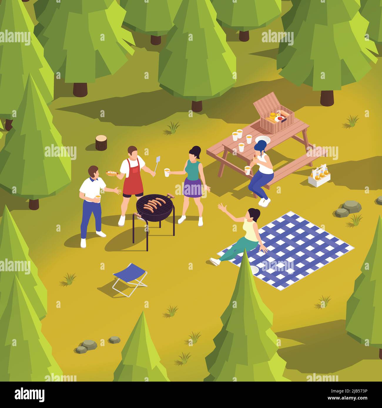 Famille amis appréciant la campagne pique-nique griller viande barbecue avec boissons panier repas Vichy tablecloth illustration vectorielle isométrique Illustration de Vecteur