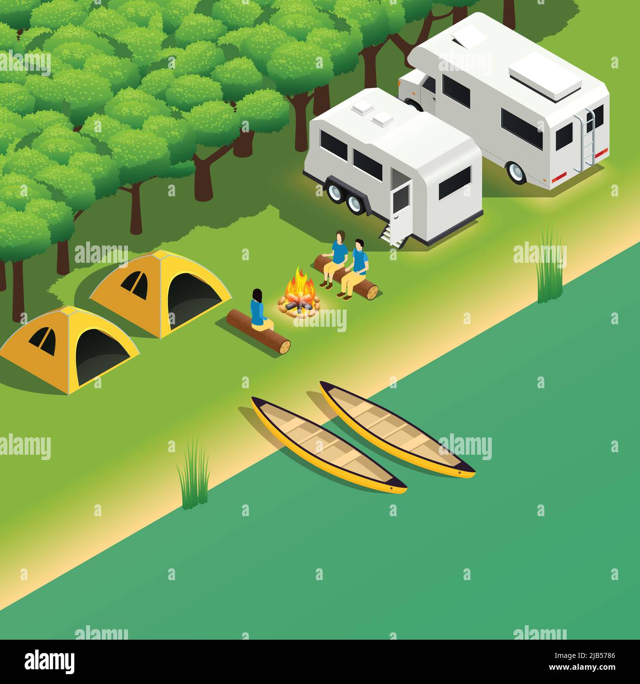 Rafting en kayak excursions en aval composition isométrique avec excursion en canoë camping spot sur la rive de la rivière illustration vectorielle Illustration de Vecteur
