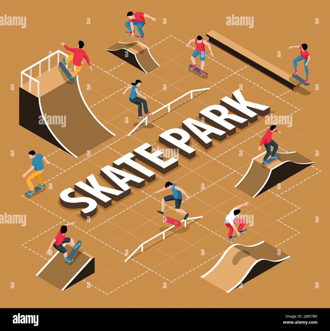 Diagramme de skate Park avec rampes de quart de tuyau, bosses de vitesse et autres éléments illustration vectorielle isométrique Illustration de Vecteur