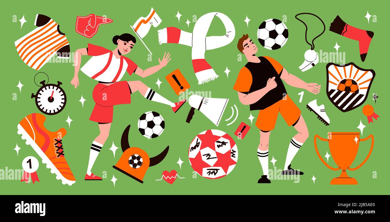 Grand jeu plat avec deux joueurs de football équipement de sport et des attributs de ventilateur isolés sur fond vert illustration vectorielle Illustration de Vecteur