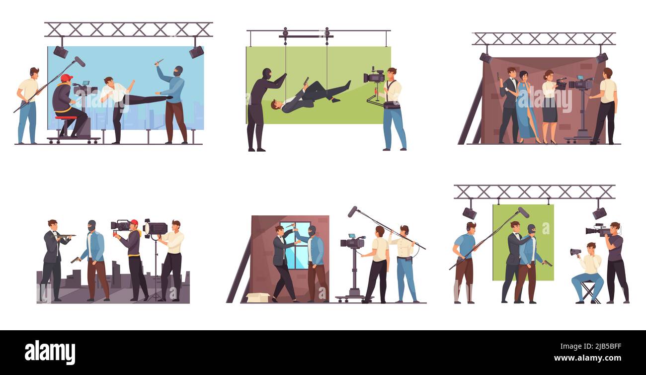 Compositions de production de film ensemble plat de scènes de tournage vidéo dans le pavillon et l'extérieur isolé illustration vectorielle Illustration de Vecteur