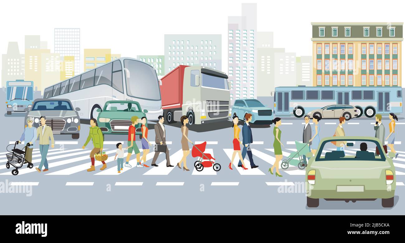 Silhouette de ville avec des personnes sur le passage de côté et la circulation routière, illustration Illustration de Vecteur