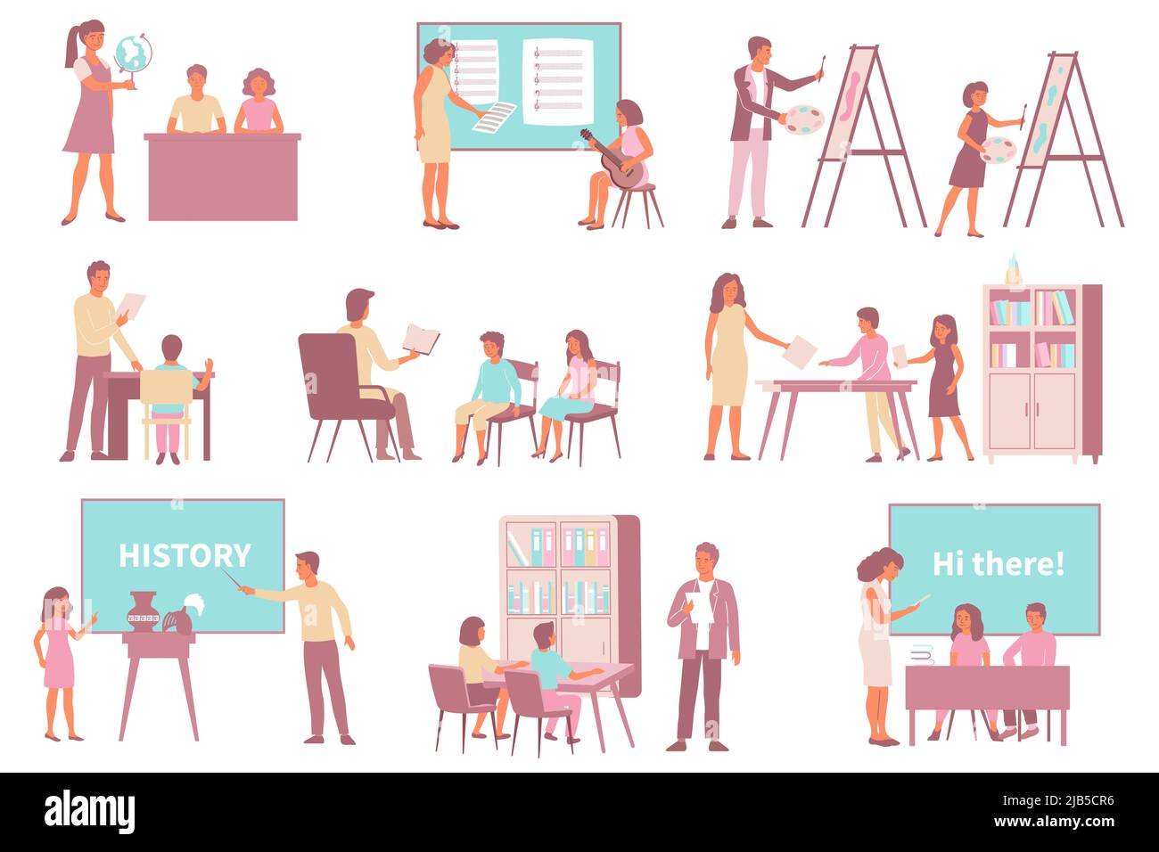 École langue art littérature ensemble de compositions plates avec des icônes de tableaux noirs dessinant des chevalets et des personnes vecteur illustration Illustration de Vecteur