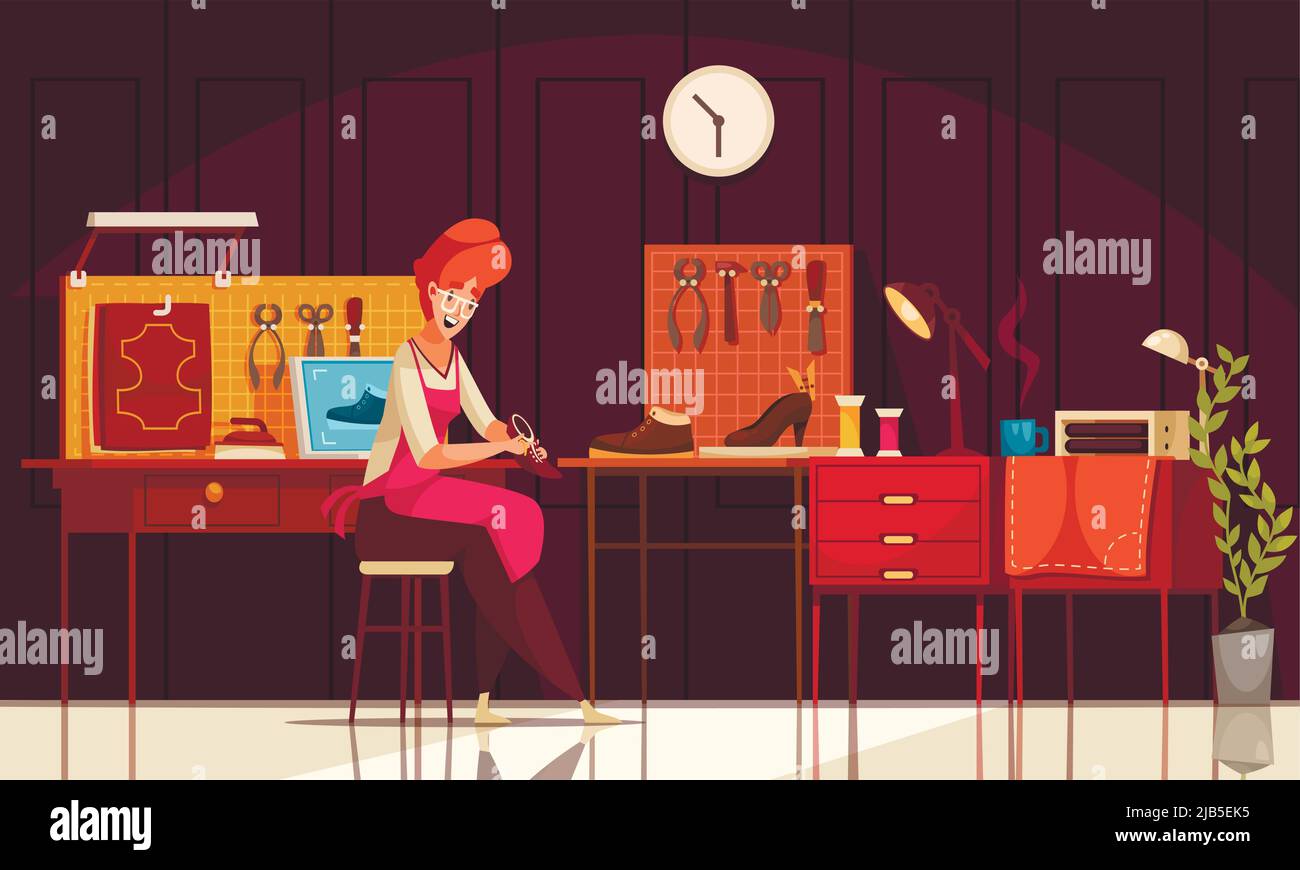Un cordonnier heureux répare la chaussure manuellement à l'atelier avec deux bureaux et divers outils pour l'illustration vectorielle de travail Illustration de Vecteur
