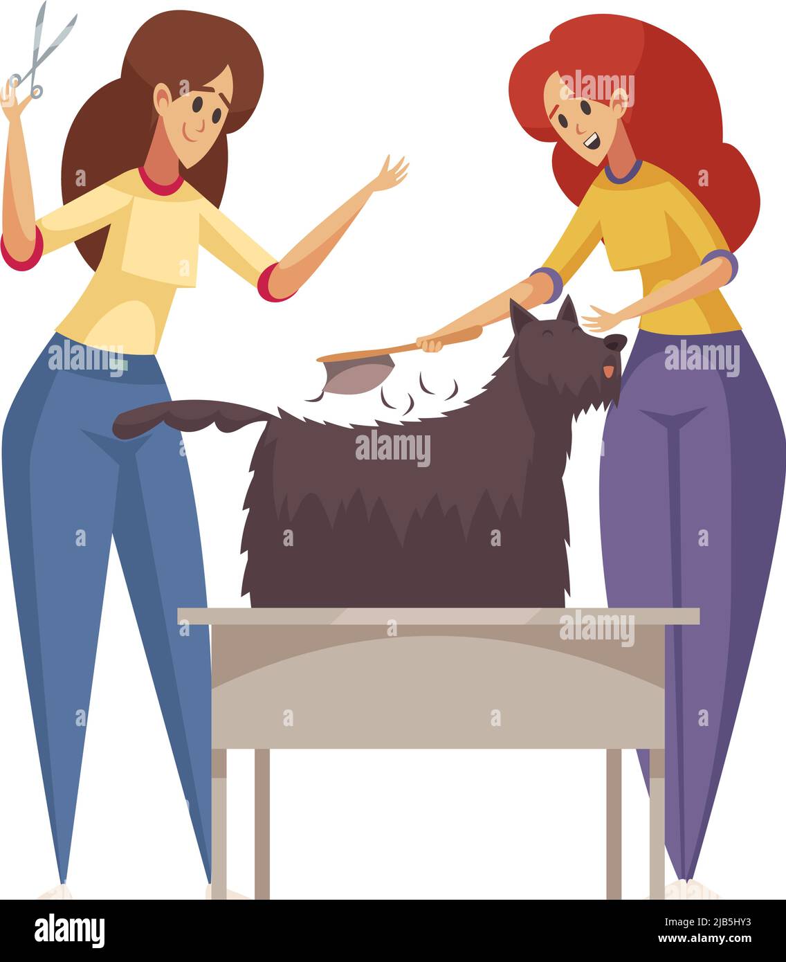 Deux groomers peignant la longue fourrure de chien noir plat illustration vectorielle Illustration de Vecteur