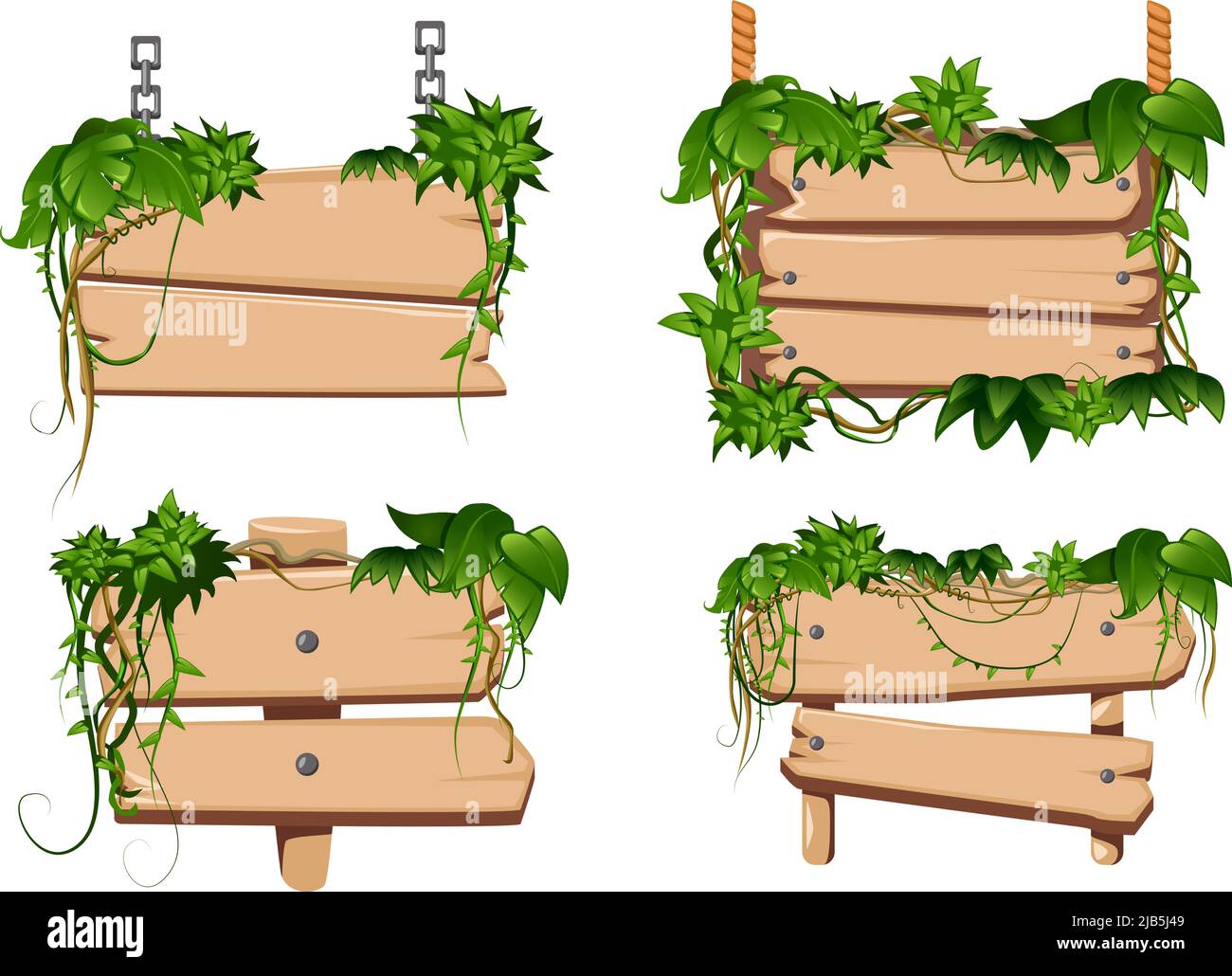 Les vignes lianes scintiltantes tropicales se tortillent autour de 4 dessins animés classiques panneaux en bois ensemble illustration vectorielle isolée Illustration de Vecteur