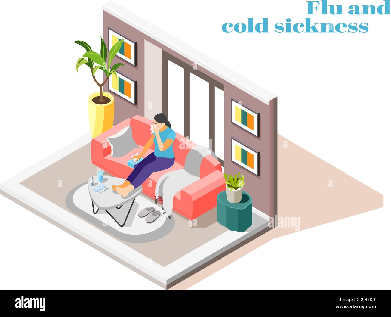 Femme malade avec grippe rhume nez liquide assis sur un canapé à la maison avec illustration vectorielle isométrique mouchoir Illustration de Vecteur