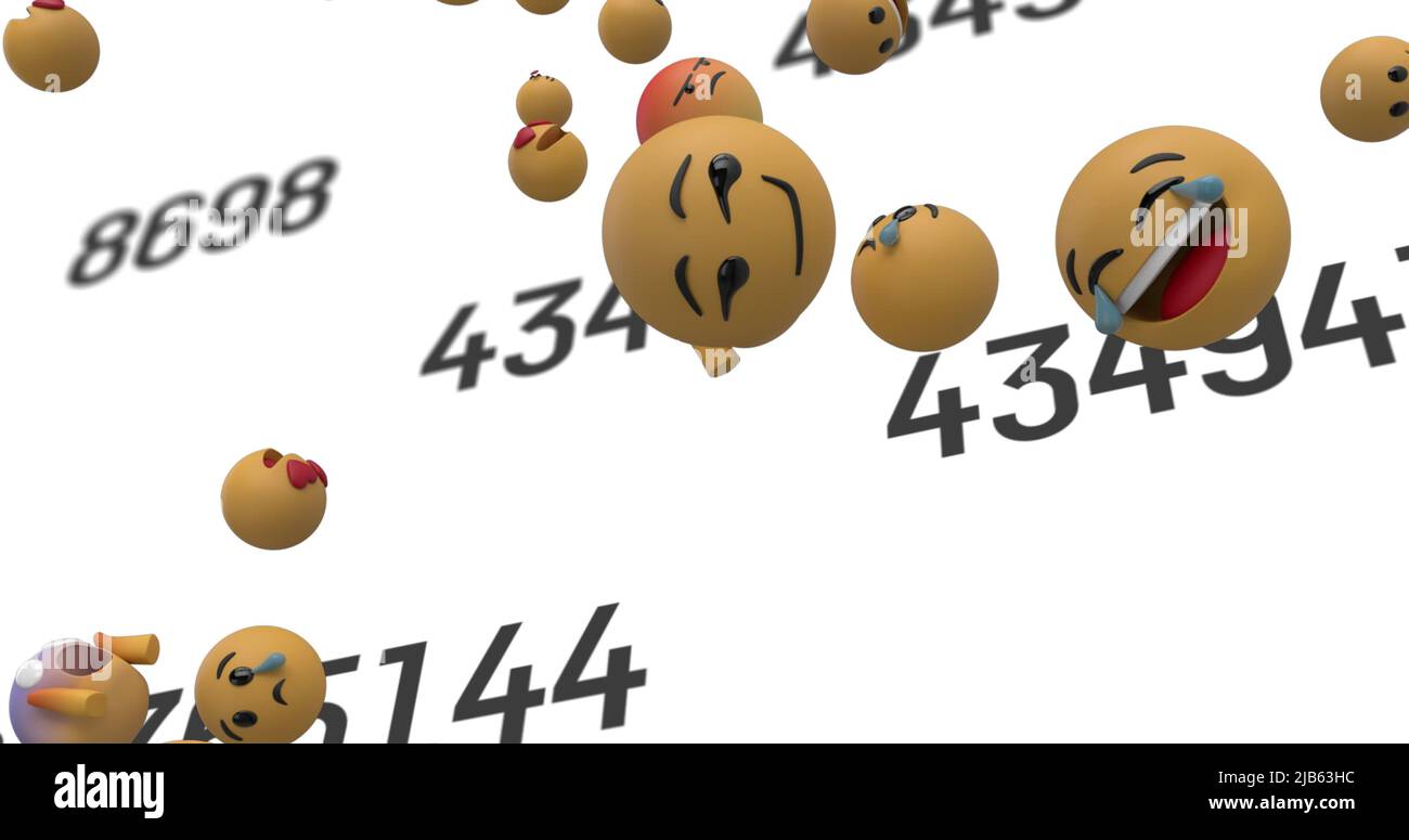 Image des icônes emoji flottant et des nombres changeant sur fond blanc Banque D'Images