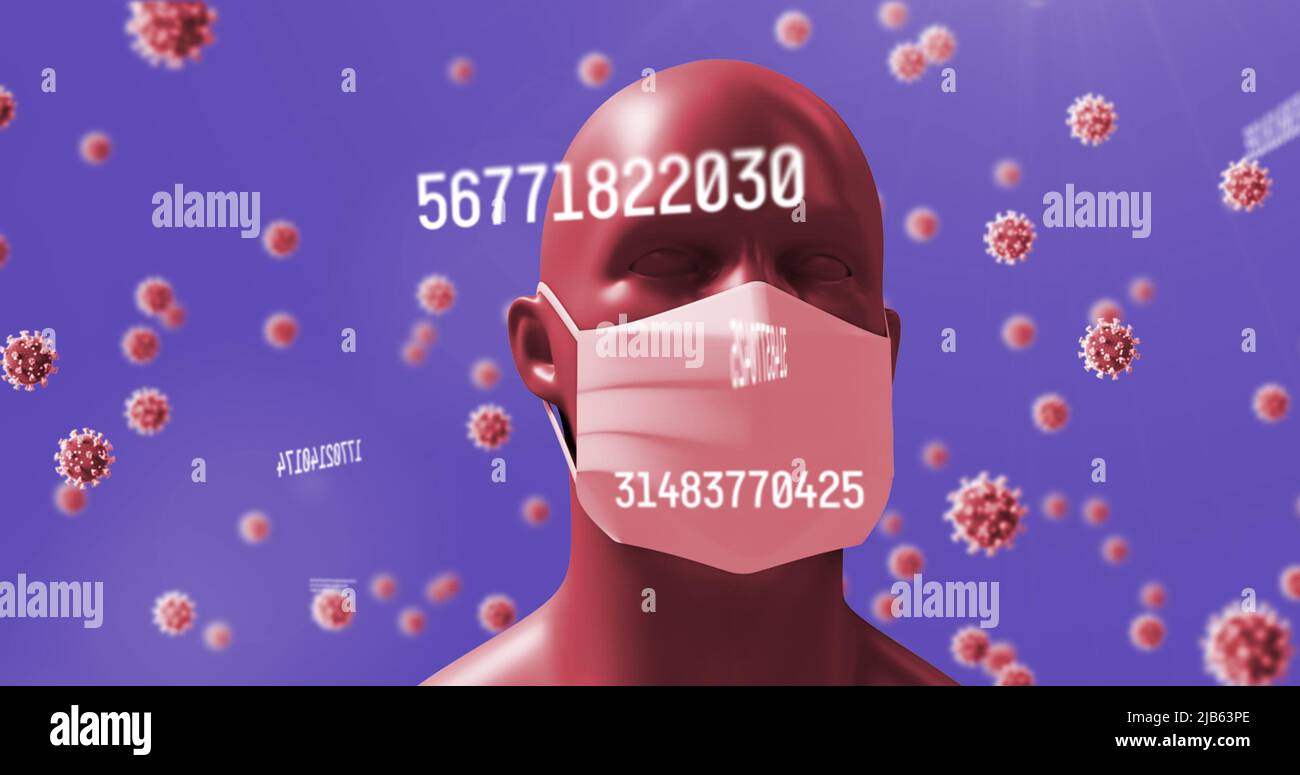 Image des cellules et des nombres de virus et humain avec masque facial et traitement des données Banque D'Images