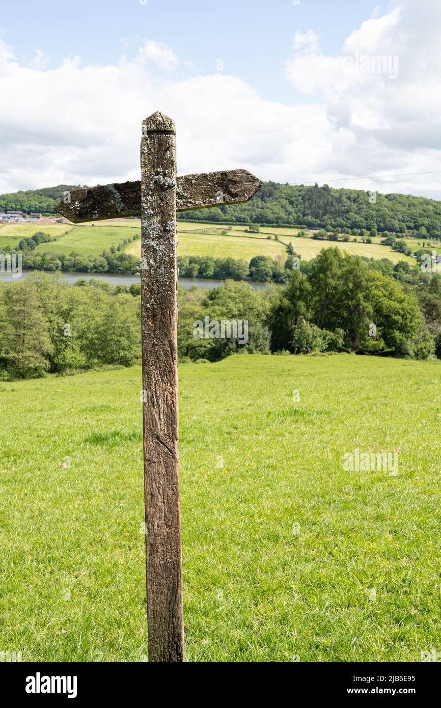 Panneau en bois altéré dans la campagne verdoyante avec des collines et des arbres Banque D'Images