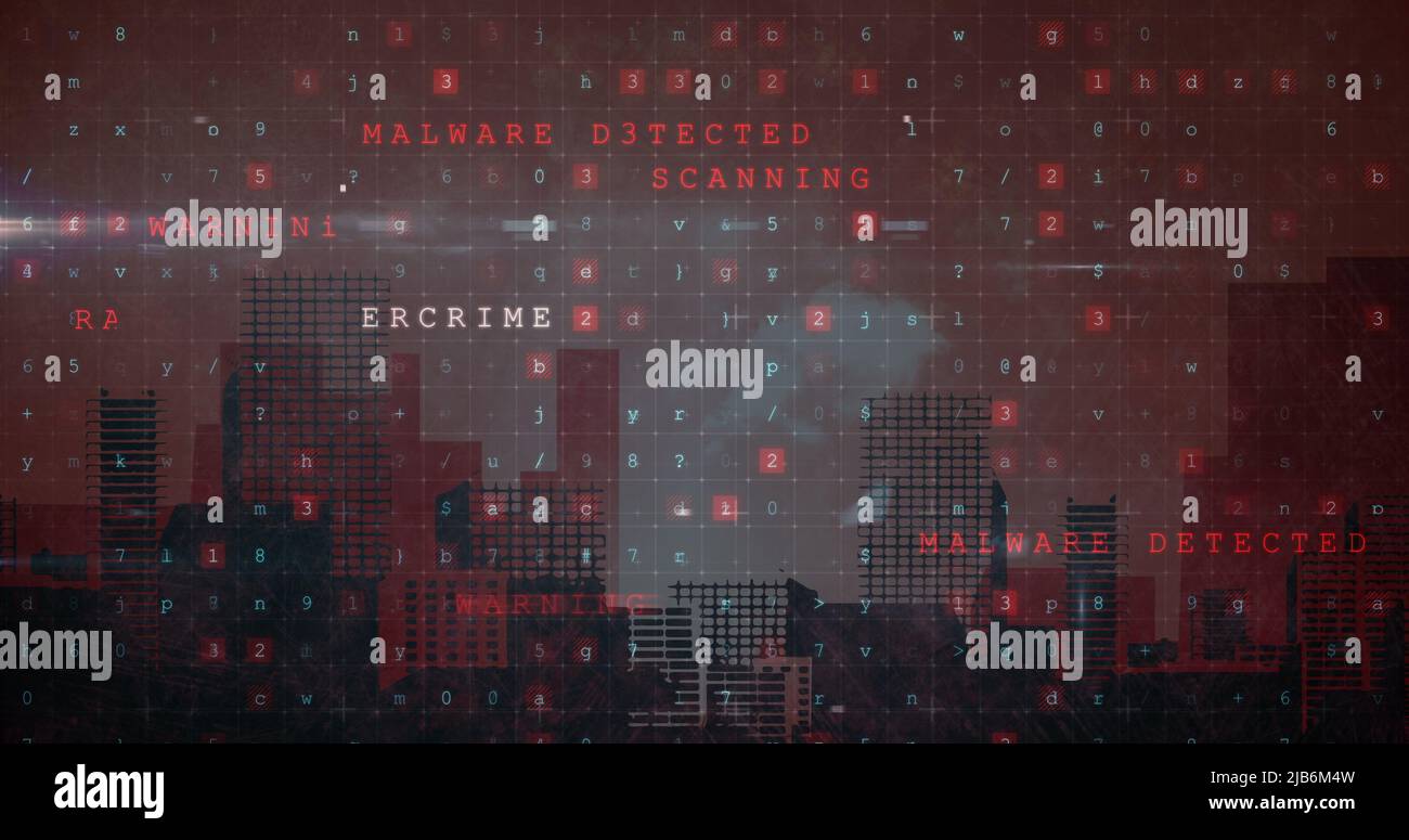 Image d'un avertissement de cyber-attaque sur fond urbain rouge Banque D'Images