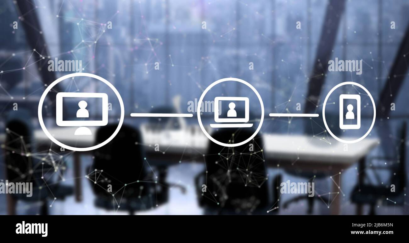 Illustration d'icônes avec réseau de connexions et de traitement de données sur un bureau vide Banque D'Images