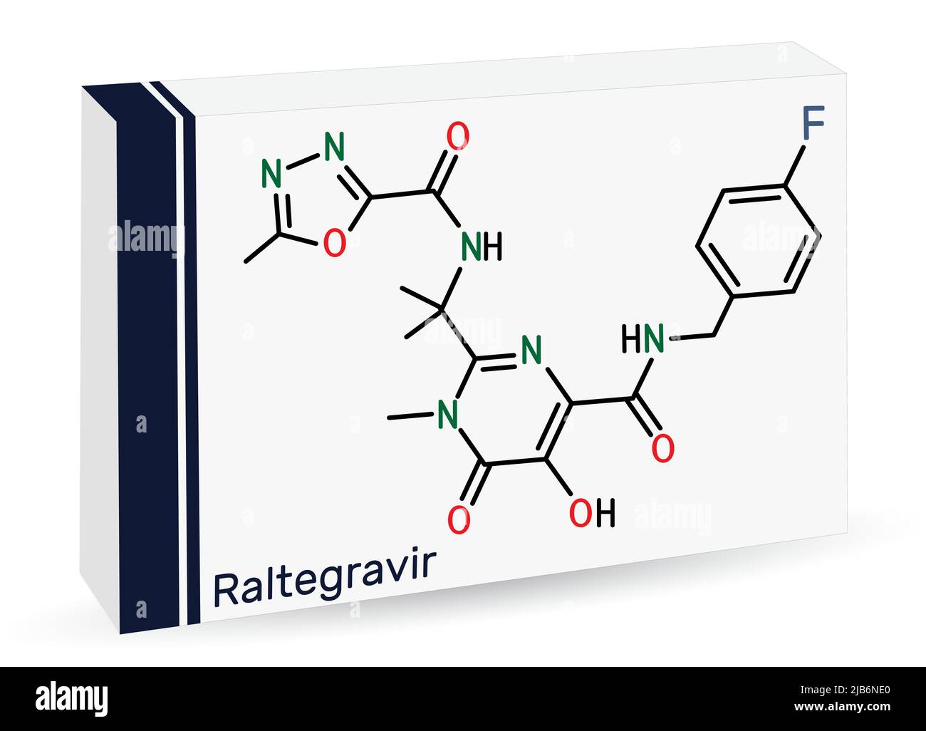 Raltégravir, molécule RAL. C'est un médicament antirétroviral, utilisé pour traiter le VIH, le SIDA. Formule chimique du squelette. Emballage en papier pour médicaments. Vecteur illu Illustration de Vecteur