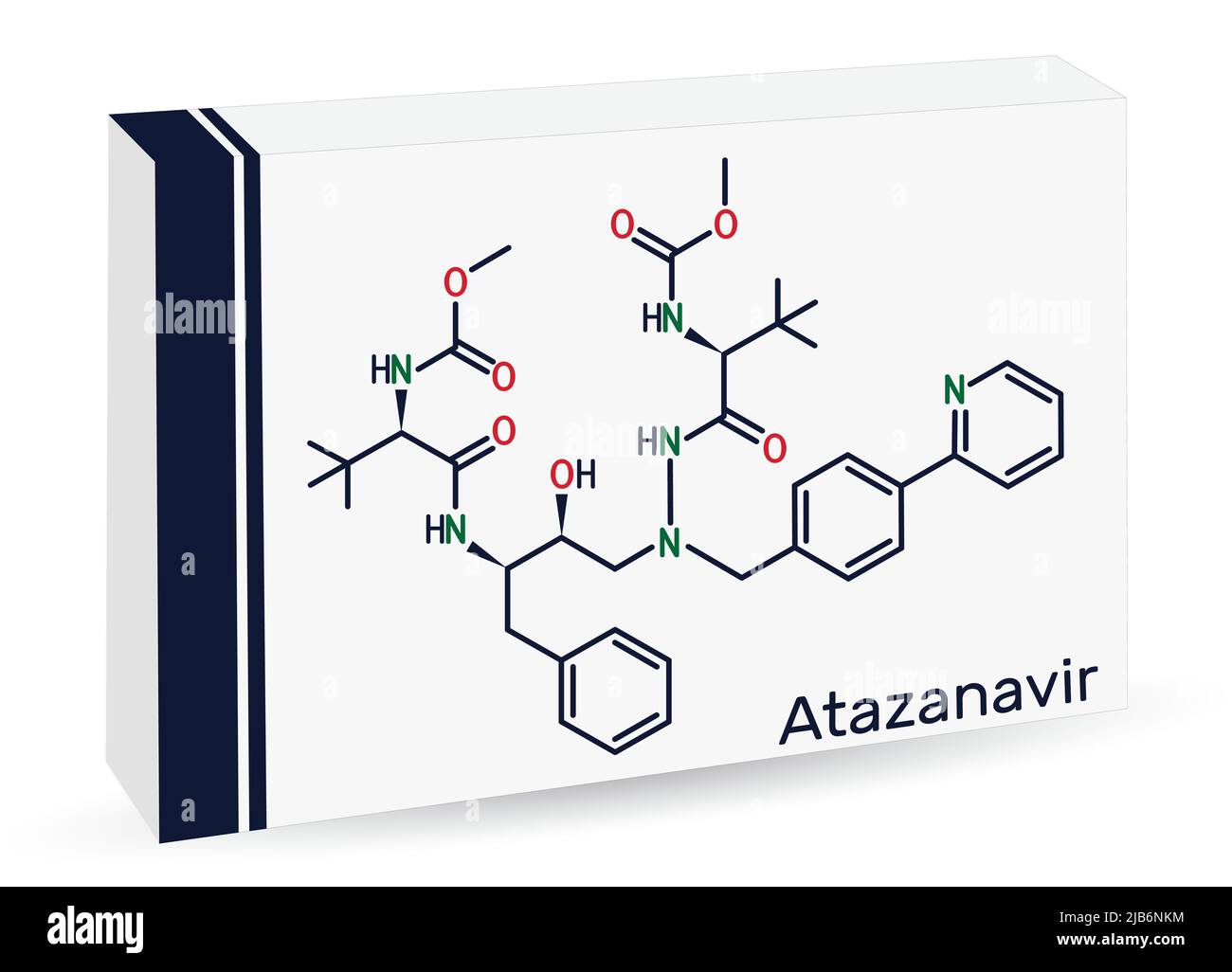 Molécule d'atazanavir. Il s'agit d'un médicament antirétroviral, utilisé pour le traitement du VIH. Formule chimique du squelette. Emballage en papier pour médicaments. Vecteur illu Illustration de Vecteur