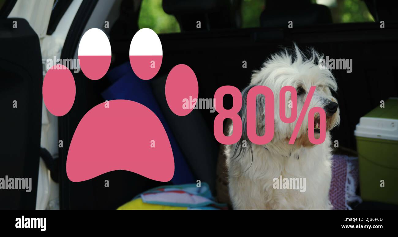 Icône Paw avec un pourcentage croissant contre un chien assis à l'arrière d'une voiture Banque D'Images