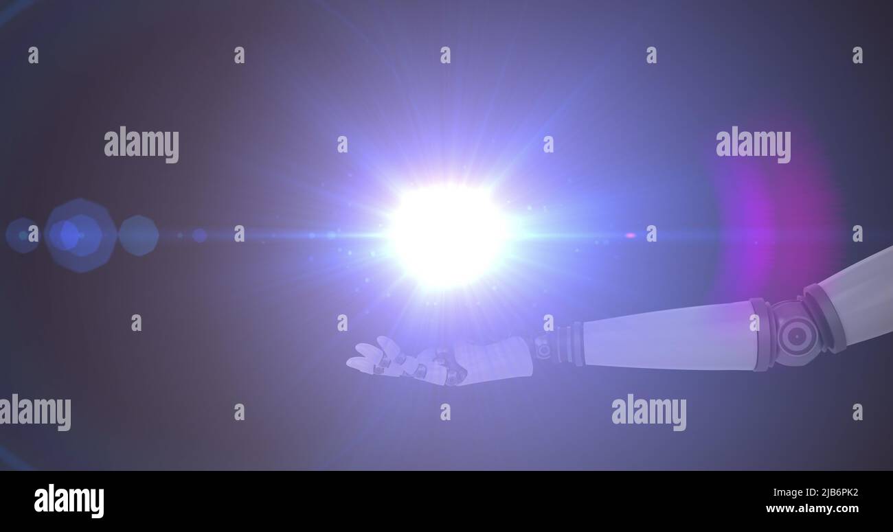 Image d'un réseau de personnes et lumière brillante à la main du bras du robot sur fond violet Banque D'Images