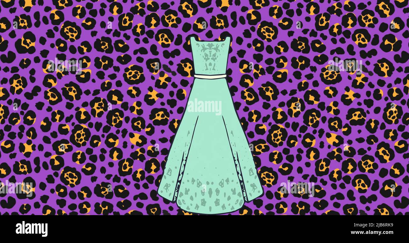 Image numérique de plusieurs icônes de robe féminine sur fond violet avec imprimé léopard Banque D'Images