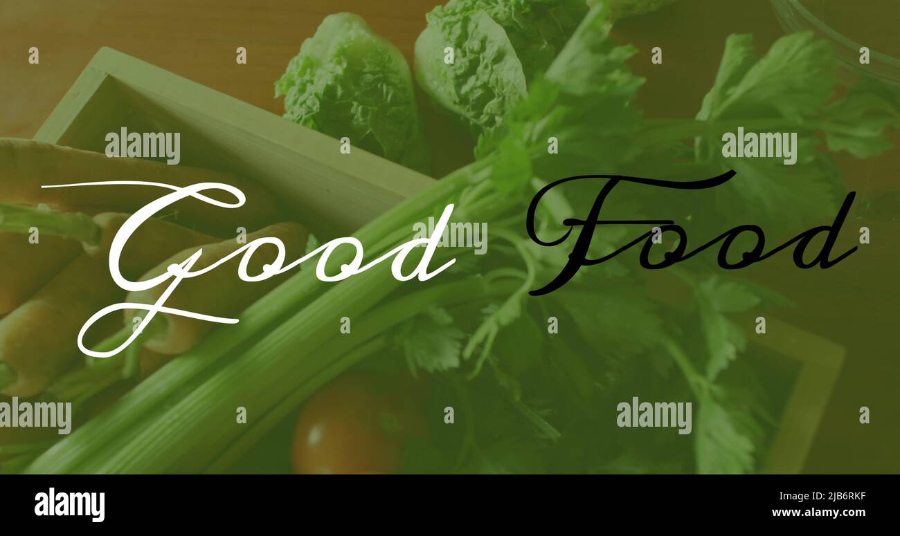 Image du texte de la bonne nourriture sur les légumes frais Banque D'Images
