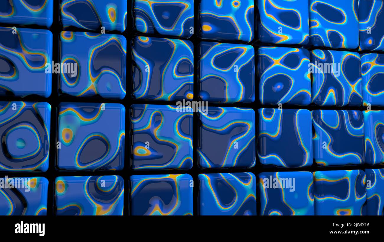 Approche de mur de cube avec texture brillante de marbre liquide bleu sous forme de vagues. 3D Illustration Banque D'Images