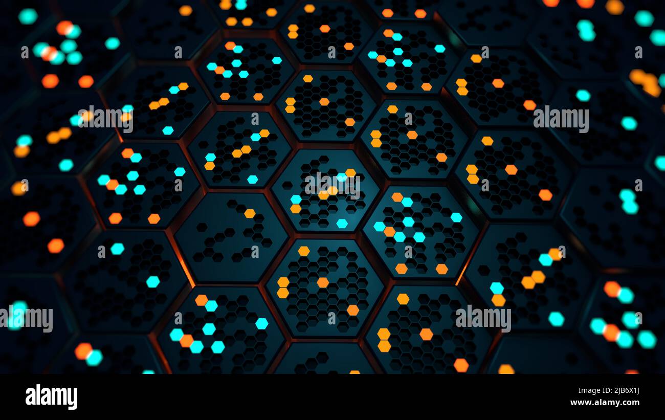 Structure des cellules d'hexagones noirs mobiles avec des lumières hexagonales orange et bleu qui s'allument et s'éteignent de façon aléatoire. 3D Illustration Banque D'Images