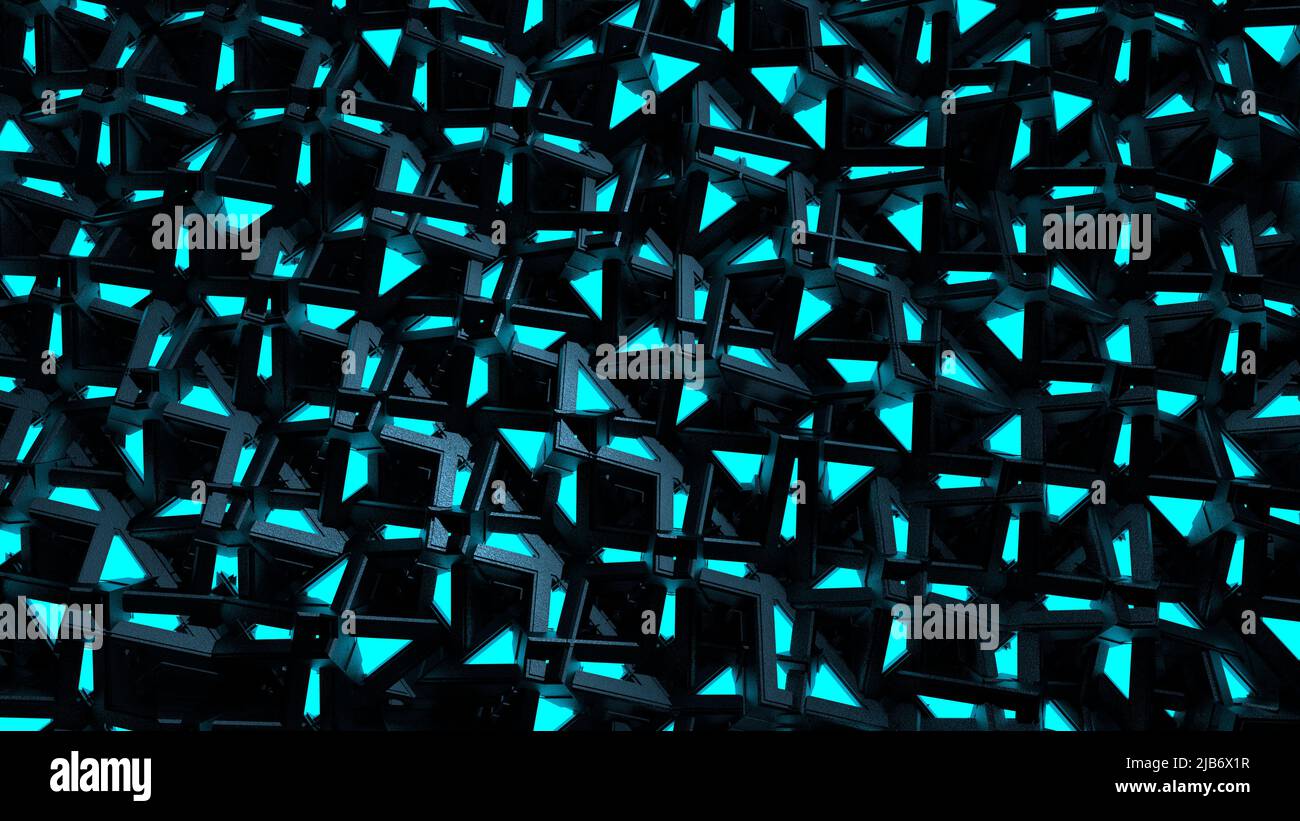 Gros plan sur un mur avec fenêtres bleues d'un bâtiment futuriste noir à structure complexe. 3D Illustration Banque D'Images