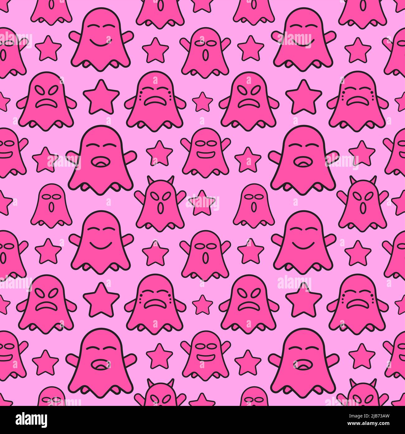 Joli motif fantôme sans couture avec étoiles décoratives. Style de dessin avec thème de couleur rose. Illustration vectorielle à caractères plats. Illustration de Vecteur