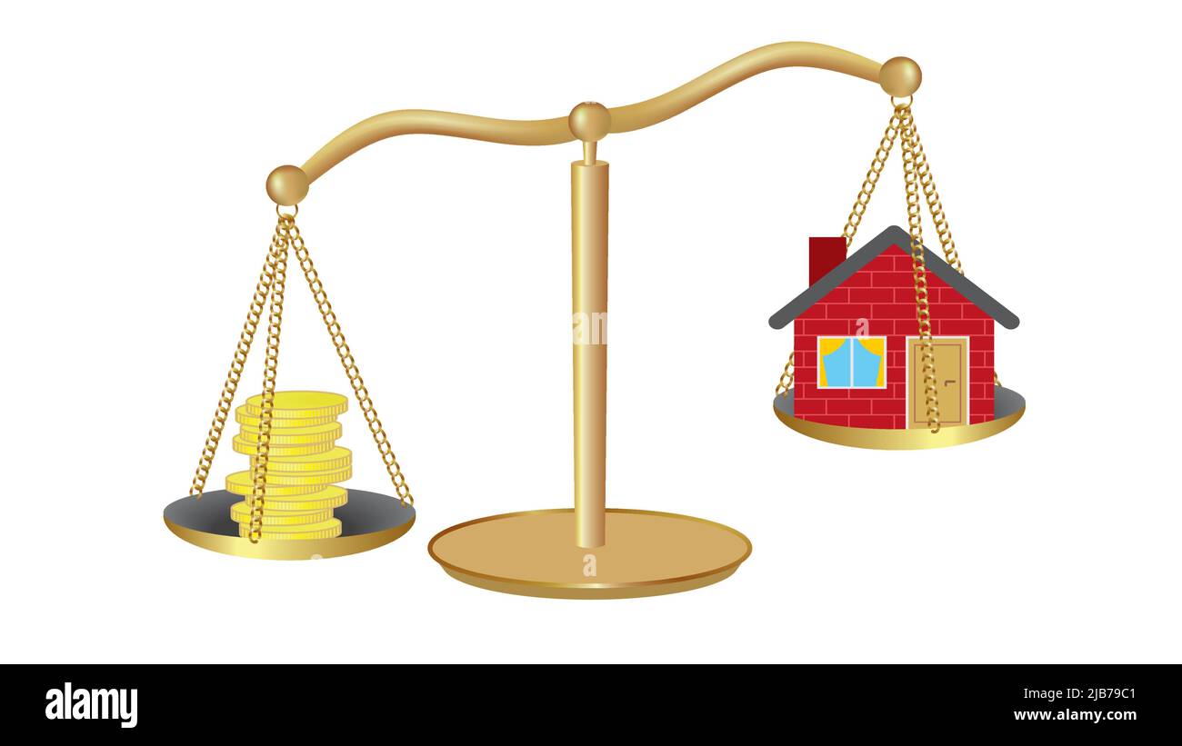 Balance avec argent d'un côté et maison de l'autre. Isolé sur fond blanc. Illustration vectorielle. Illustration de Vecteur