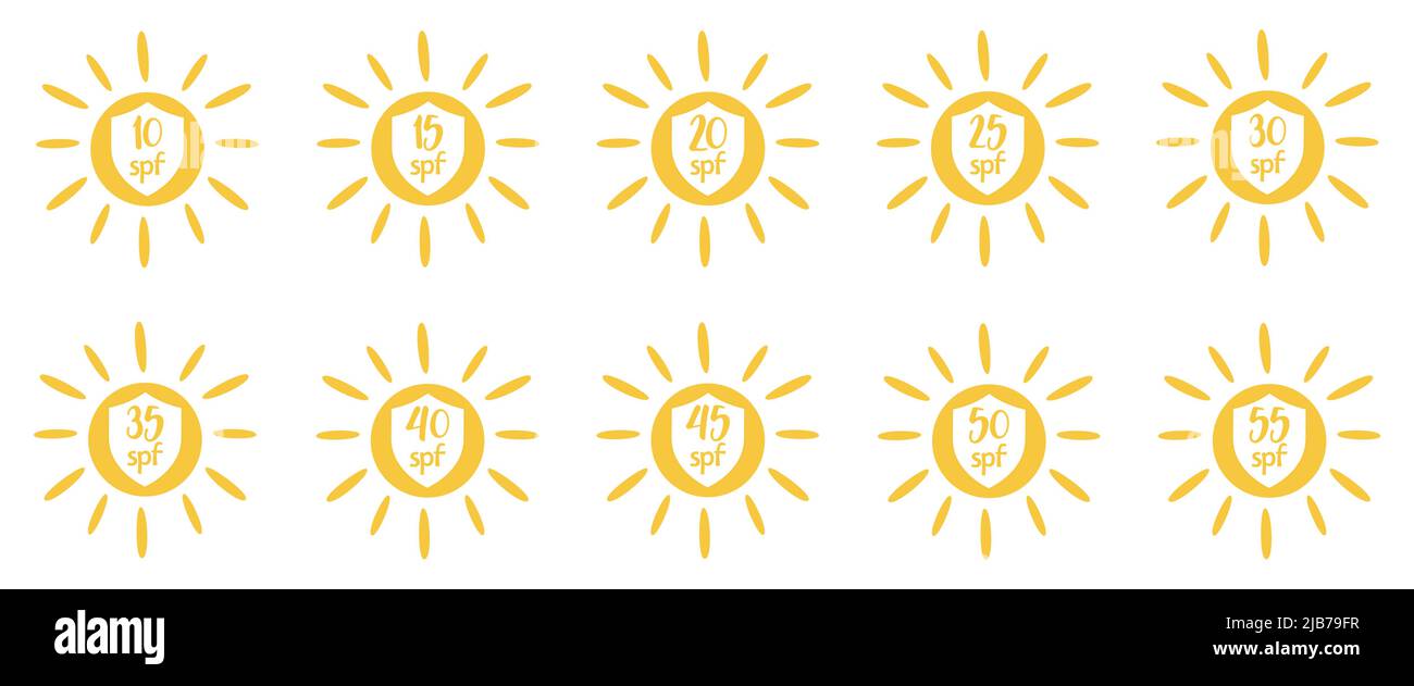 Jeu d'icônes de protection solaire SPF plates simples pour l'emballage des écrans solaires. SPF 10, 15, 20, 25, 30, 35, 40, 45, 50, 55 protection UV pour la peau. Vecteur Illustration de Vecteur