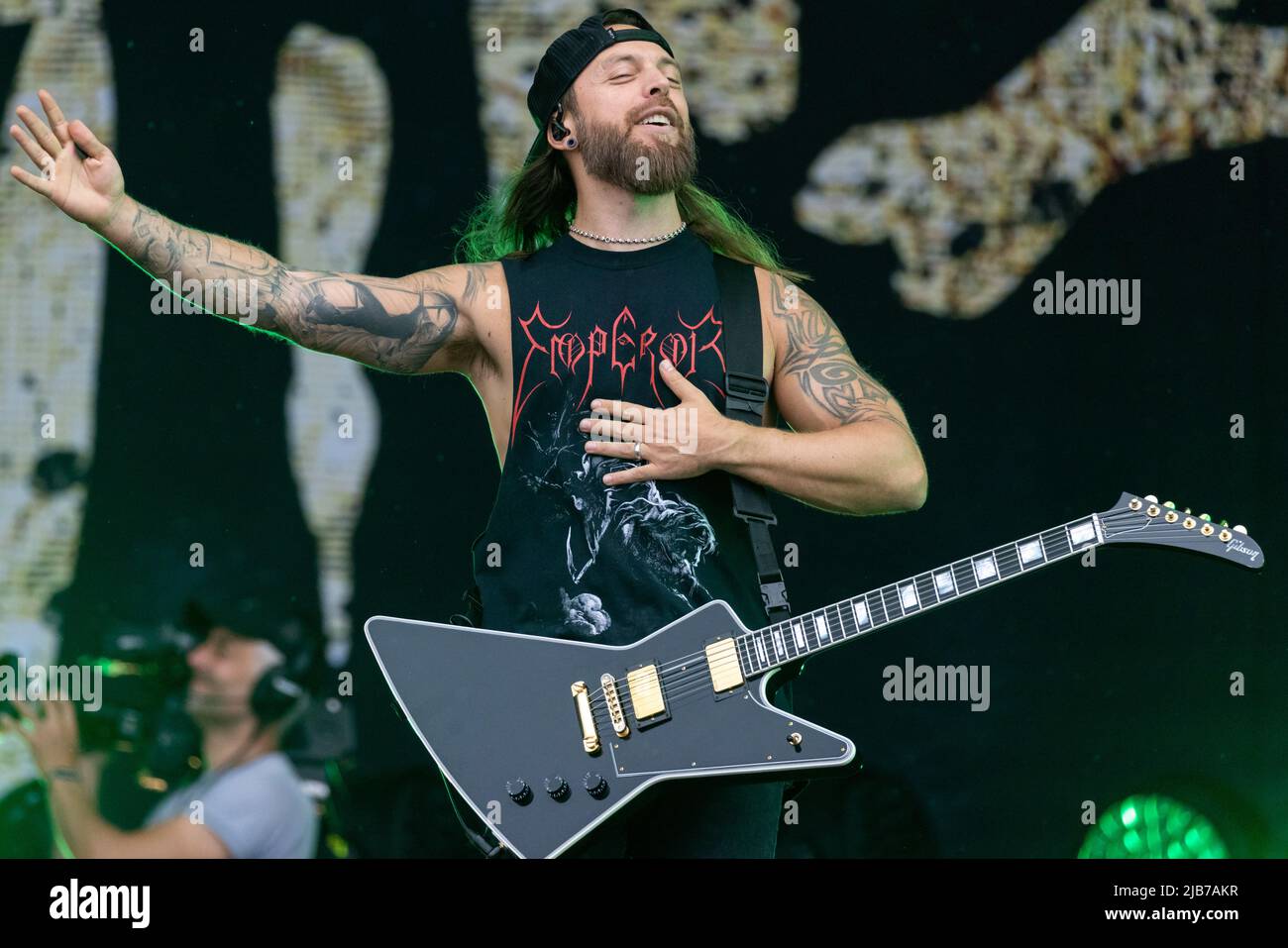 Nuremberg, Allemagne. 03rd juin 2022. Matthew Tuck, chanteur du groupe britannique de Metal 'Bullet for My Valentine', est sur scène avec son groupe au festival en plein air 'Rock im Park'. C'est l'un des plus grands festivals de musique de Bavière. Les années précédentes, jusqu'à 70 000 fans de rock étaient venus. Le festival dure jusqu'à 5 juin. Credit: Daniel Karmann/dpa/Alay Live News Banque D'Images