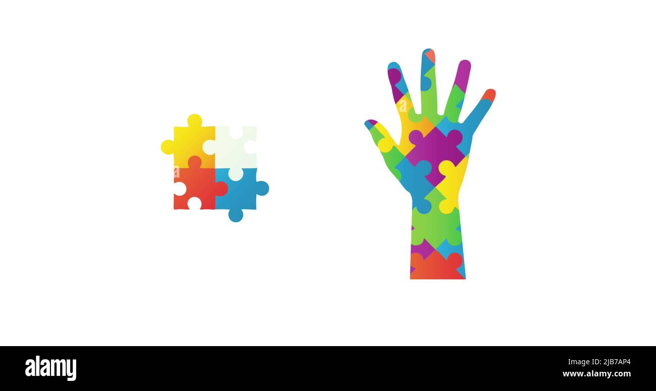 Image des pièces de puzzle couleur de l'autisme formant main et carré sur fond blanc Banque D'Images