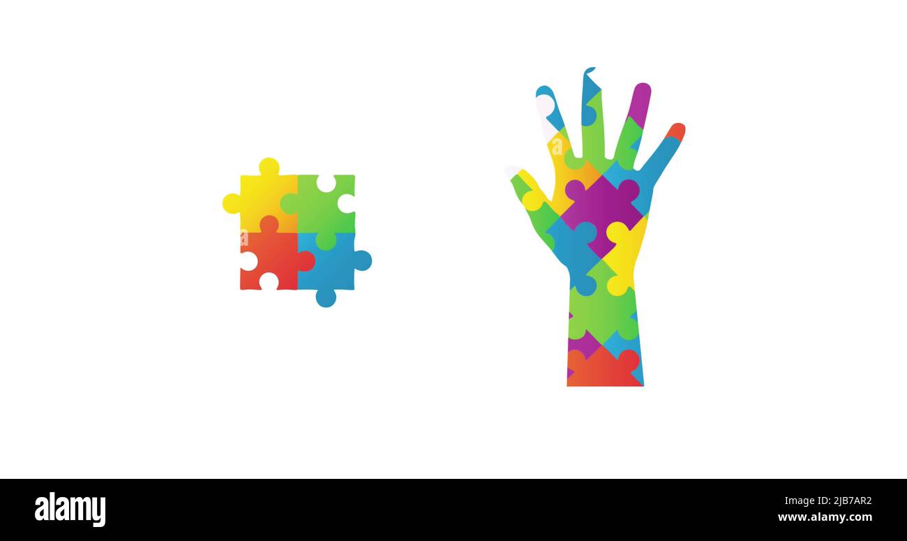 Image des pièces de puzzle couleur de l'autisme formant main et carré sur fond blanc Banque D'Images