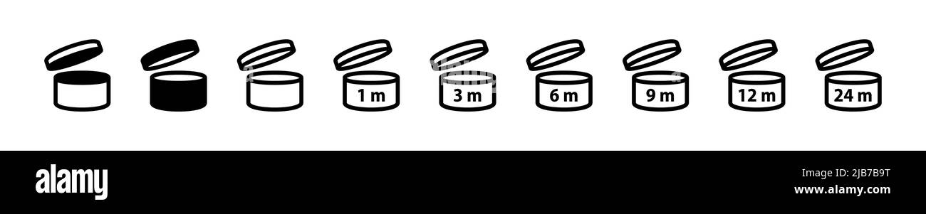 Date d'expiration après les symboles d'ouverture du produit. Affiche de durée de conservation pour l'étiquette du produit. Période 1, 3, 6, 9, 12, 24 supports durée de conservation. Jeu de symboles PAO. Illustration de Vecteur