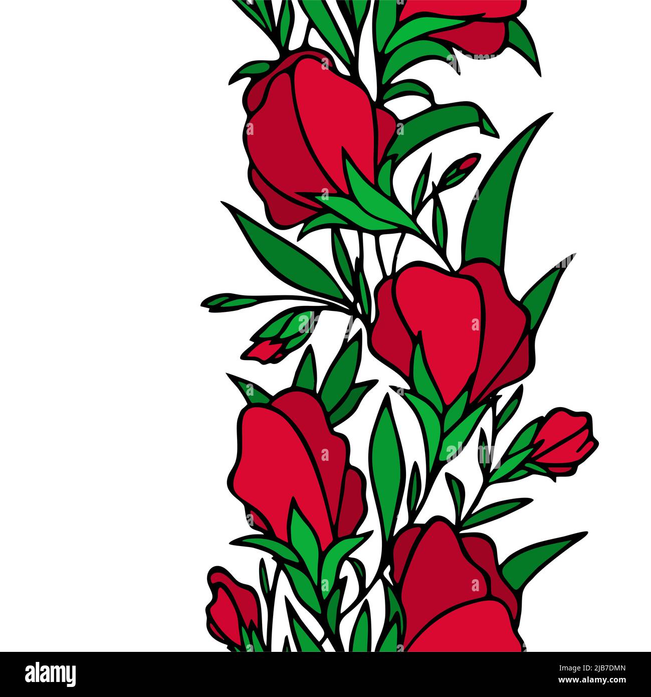 bordure sans couture florale, fleurs rouges bordure répétitive sur fond blanc avec contour noir, textile, design, art, graphique Illustration de Vecteur