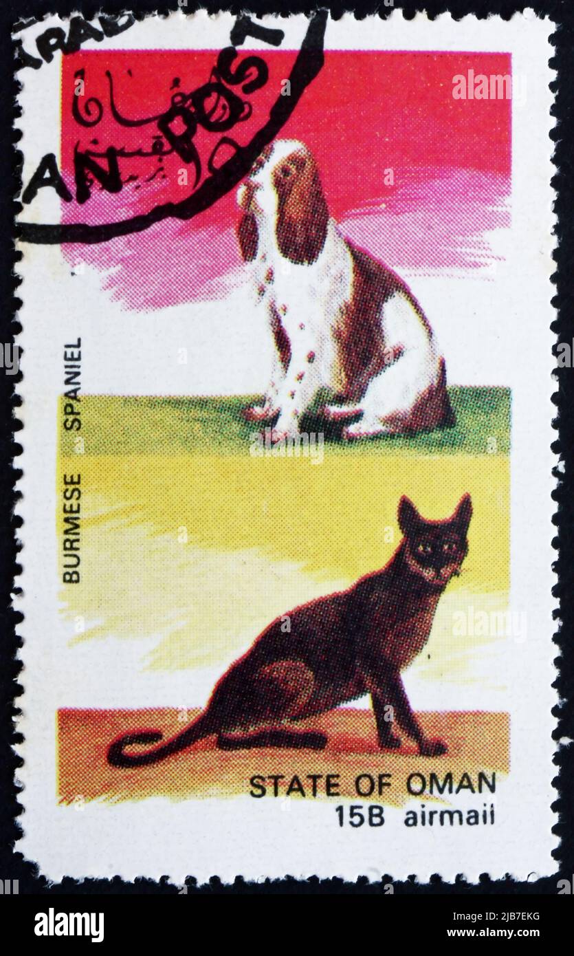 OMAN - VERS 1972 : un timbre imprimé en Oman montre le chat birman et le chien d'Espagne, vers 1972 Banque D'Images