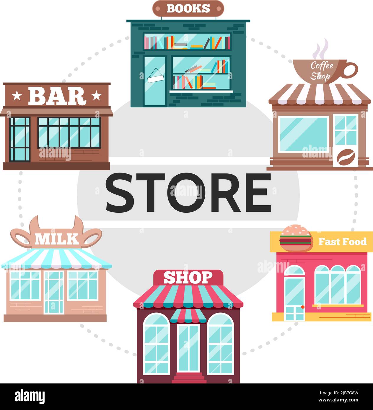 Façades de magasin plat concept rond avec bar livres café lait fast food boutiques illustration vectorielle isolée Illustration de Vecteur
