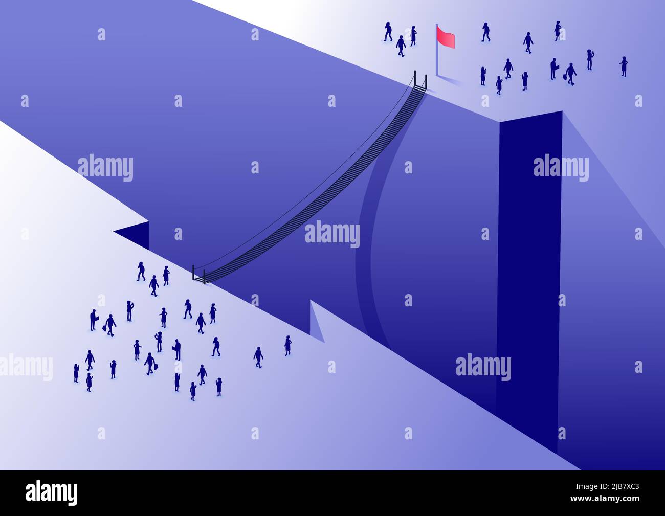 Concept permettant de surmonter les défis ou les obstacles de l'entreprise. Illustration vectorielle d'un pont suspendu reliant les gens à travers un canyon. Oiseau isométrique e Illustration de Vecteur