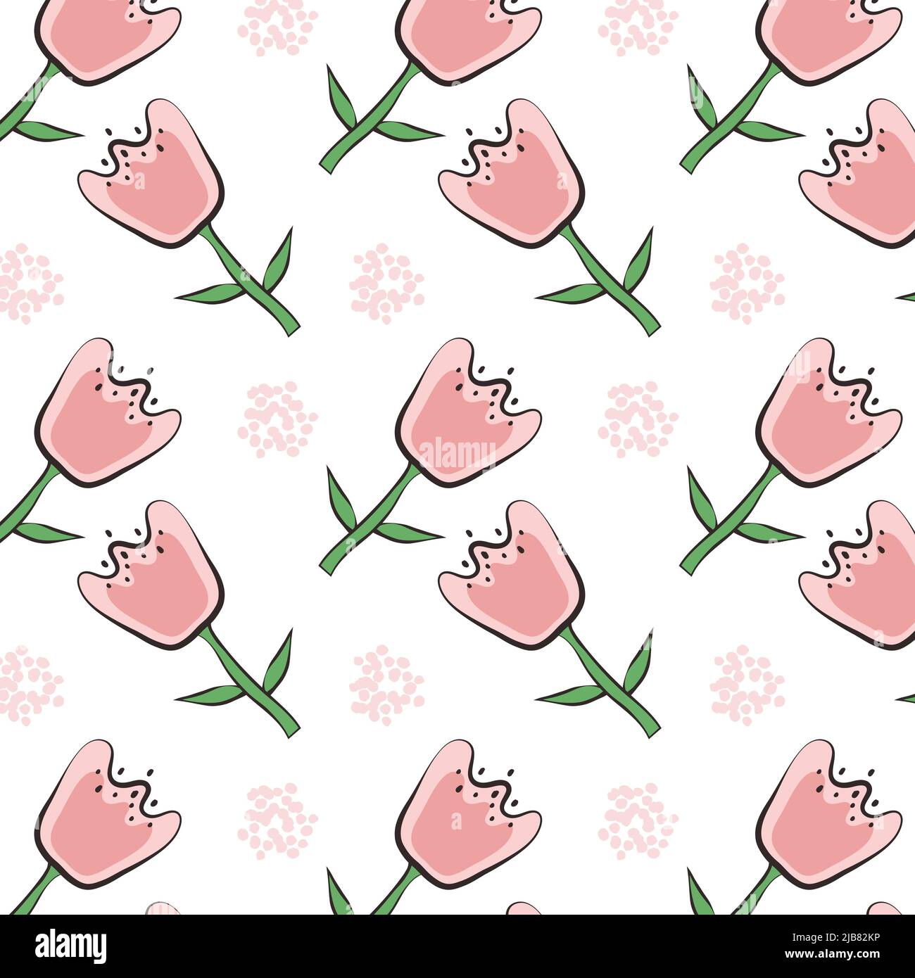 Motif sans couture avec fleurs dessinées à la main, style enfant. Joli fond à motif fleuri vectoriel. Tulipes roses en forme de doodle sur fond blanc pour Illustration de Vecteur