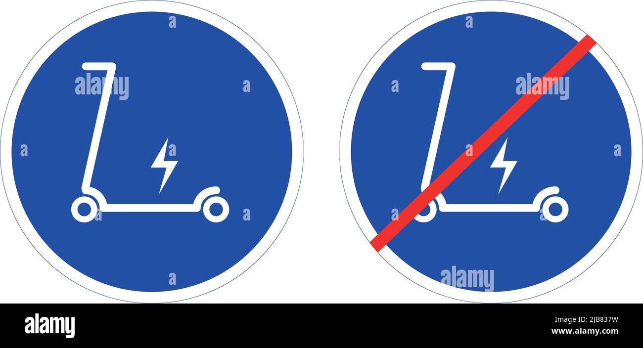 Illustration vectorielle. Panneaux de signalisation routière icônes de scooter électrique signalisation d'interdiction et panneaux d'autorisation lois de la circulation. Illustration de Vecteur