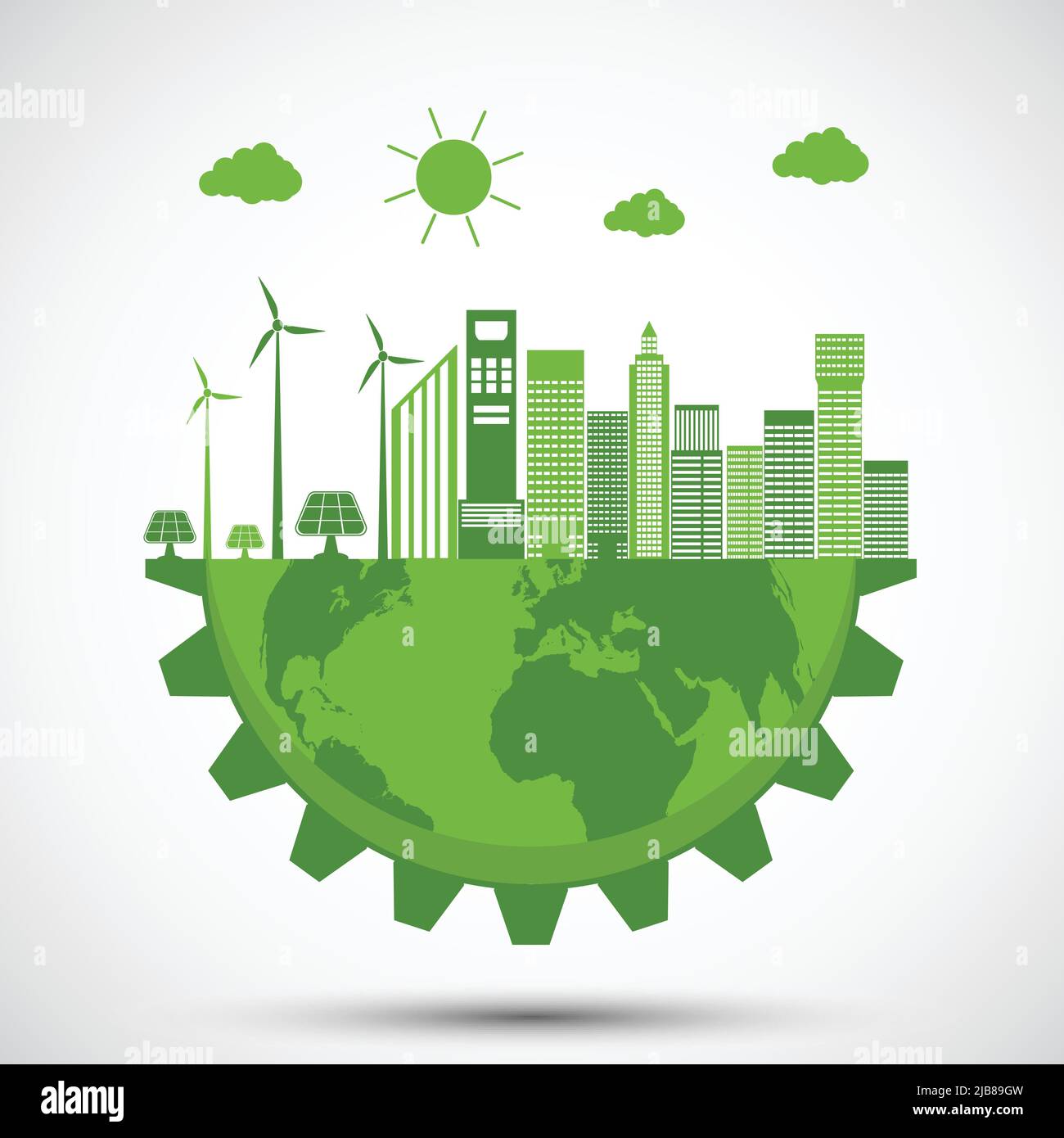 Ecologie et concept environnemental, symbole de la Terre avec des engins verts autour des villes aider le monde avec des idées écologiques Illustration de Vecteur