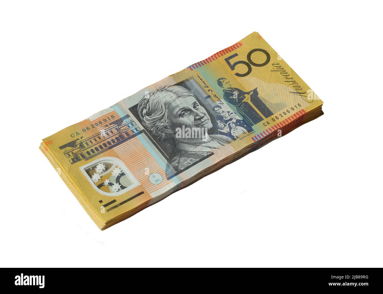 Billets australiens de 50 dollars isolés sur blanc Banque D'Images
