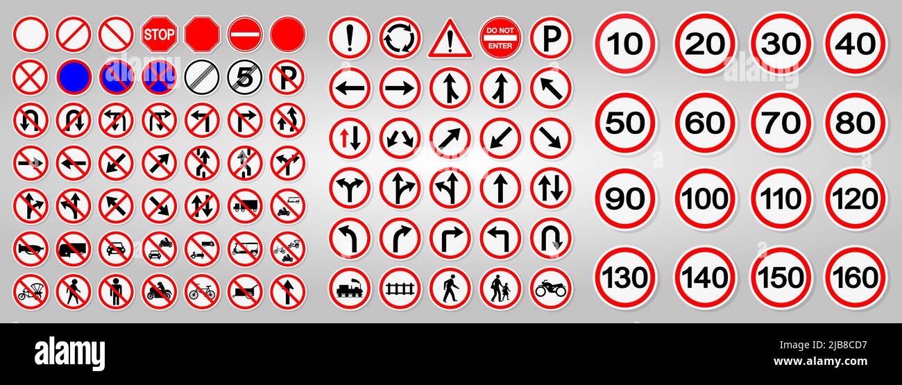 Définir les panneaux de signalisation routière, interdiction, avertissement cercle rouge symbole Illustration de Vecteur