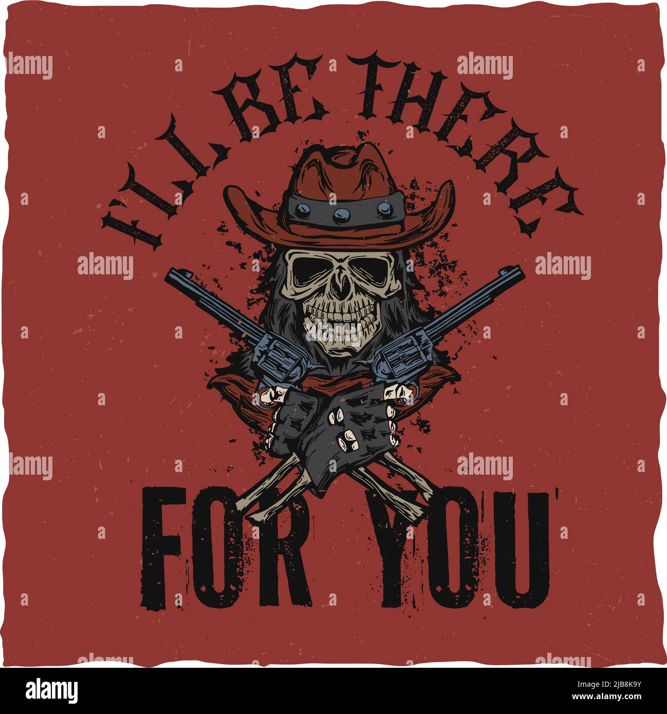 Étiquette de t-shirt de cowboy avec illustration du crâne ath le chapeau avec deux canons à la main dessin vectoriel Illustration de Vecteur